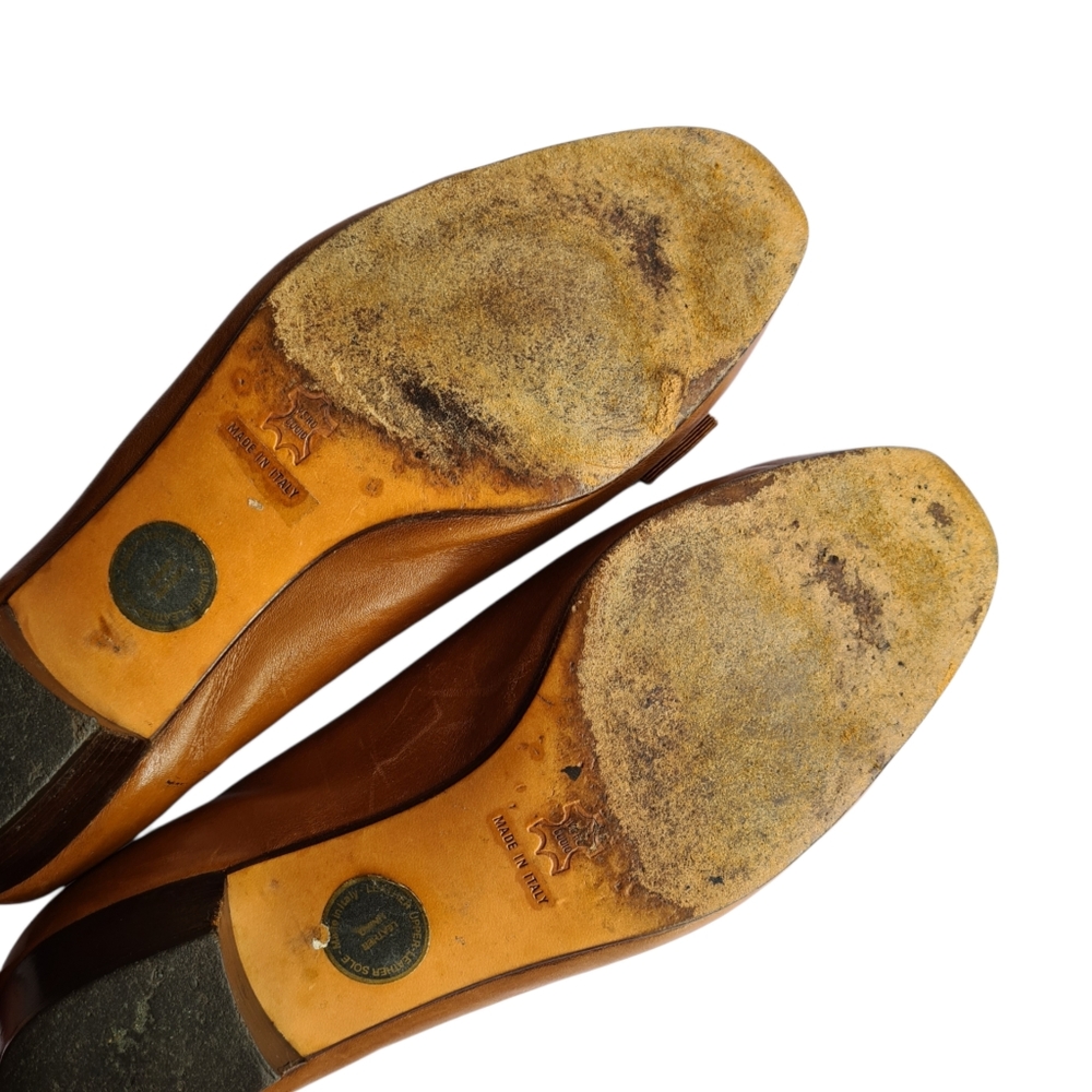 Salvatore Ferragamo AUS 8.5 VINTAGE 90s Designer Tan Leather Vara Bow Pump Shoes - Picture 15 of 17